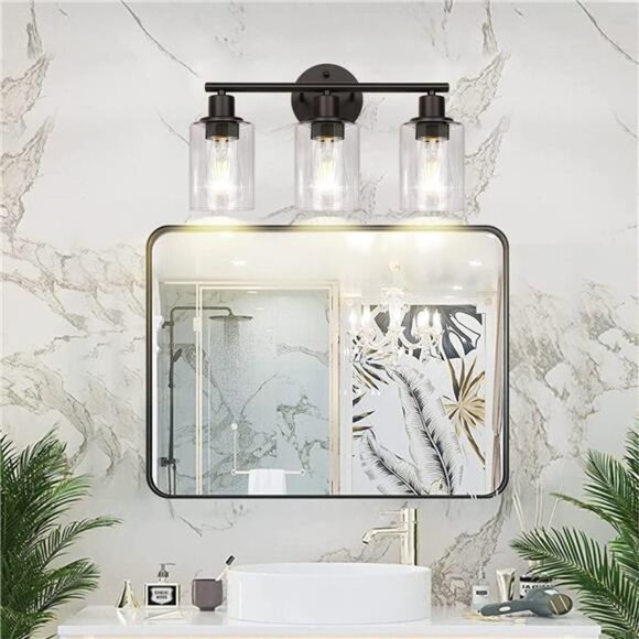 3-Light Bathroom Light Fixtures, Black Modern Vanity Lights with Clear Glass - Picture 7 of 7